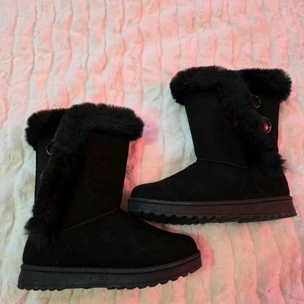 Black Faux Suede Mid-Calf Winter Boots with Faux Fur Trim and Button Detail Cozy